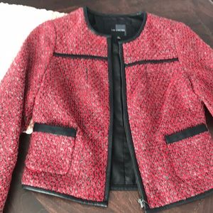 Red and gray tweed blazer with faux leather detail